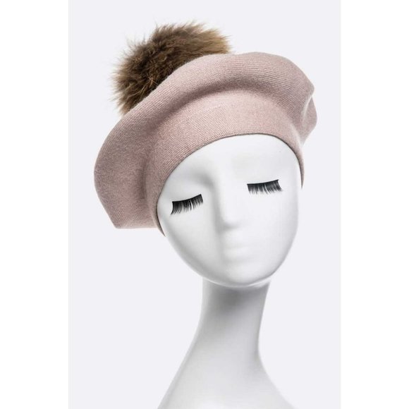 Genuine Fur Pom Cashmere Beret - Blush - Picture 1 of 3